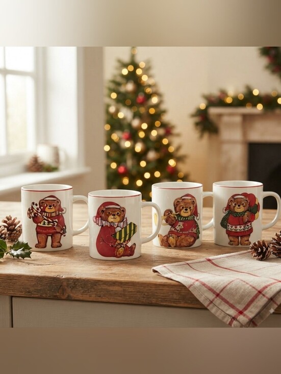 Unbranded Other - Fine Porcelain Vinatge 4pc White Christmas Theme Bear Mugs Set- Brand New In Box